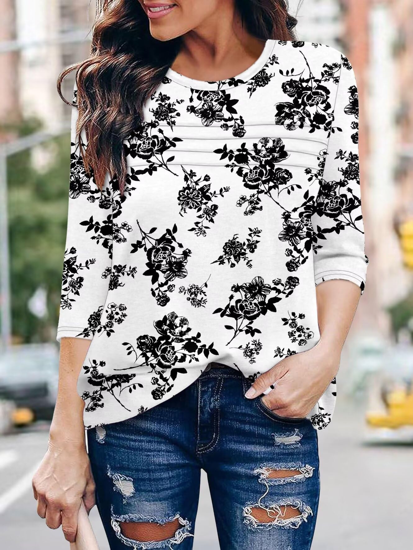 KISSMODA Women's 3/4 Sleeve Floral Print Soft Top Black Rose Size XL