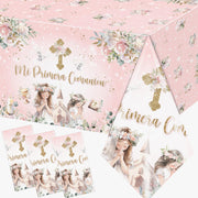 Juweked 3Pcs Pink Floral First Communion Plastic Table Cloth Decorations