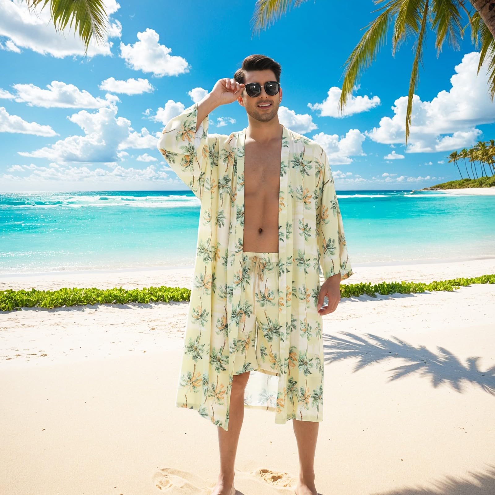 Generic Men's Lightweight Kimono Robe and Shorts Set Green Palm Tree XX-Large