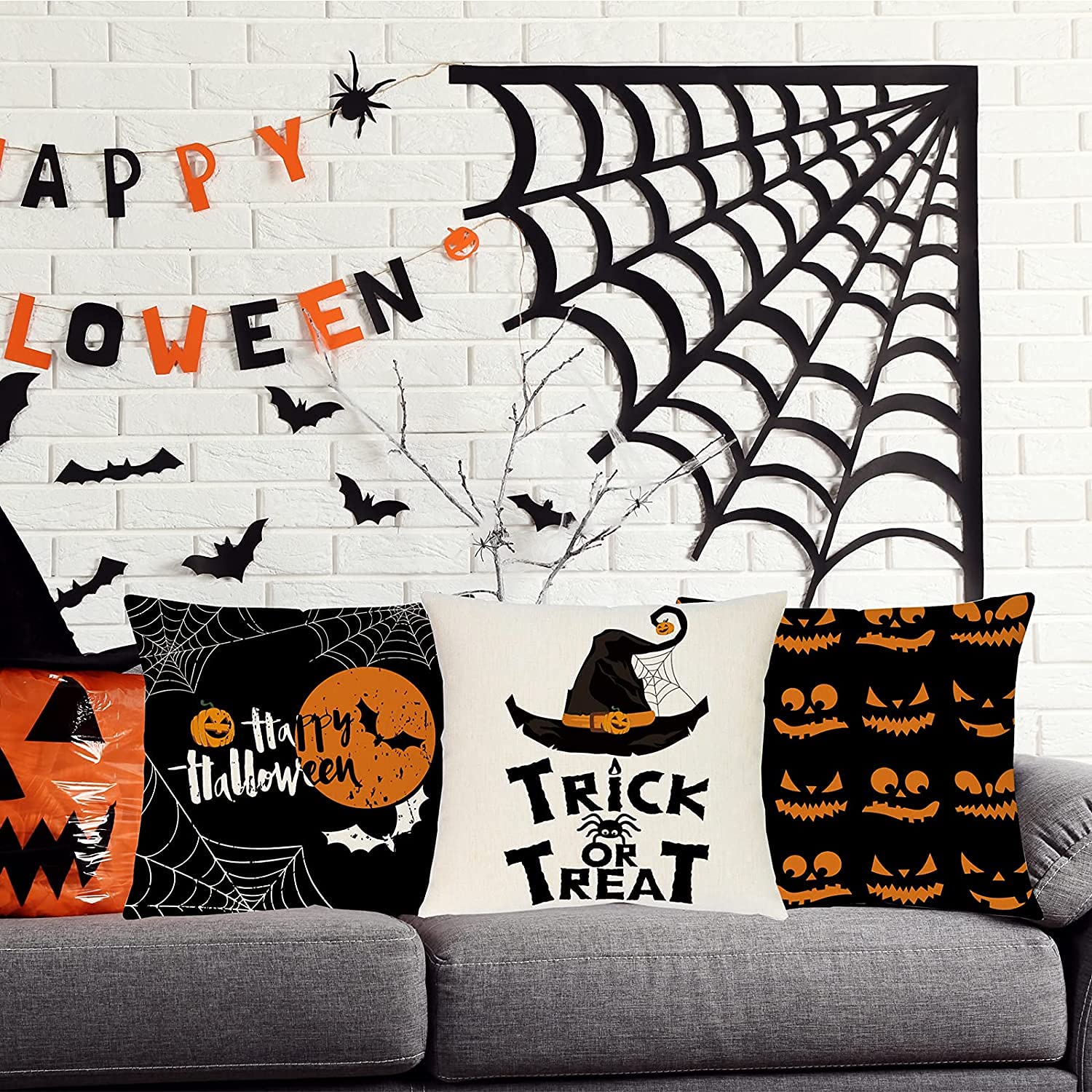 Sadaunbe Halloween Pillow Covers Set of 4 Black Orange 20x20 Inches Linen
