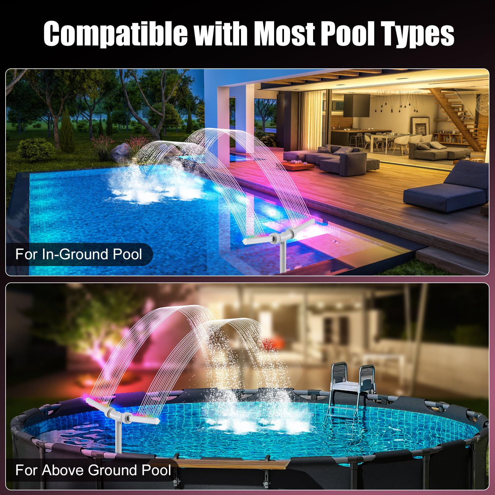 SWIMMORY Solar Pool Fountain Dual Sprayer with Lights Timer Remote White