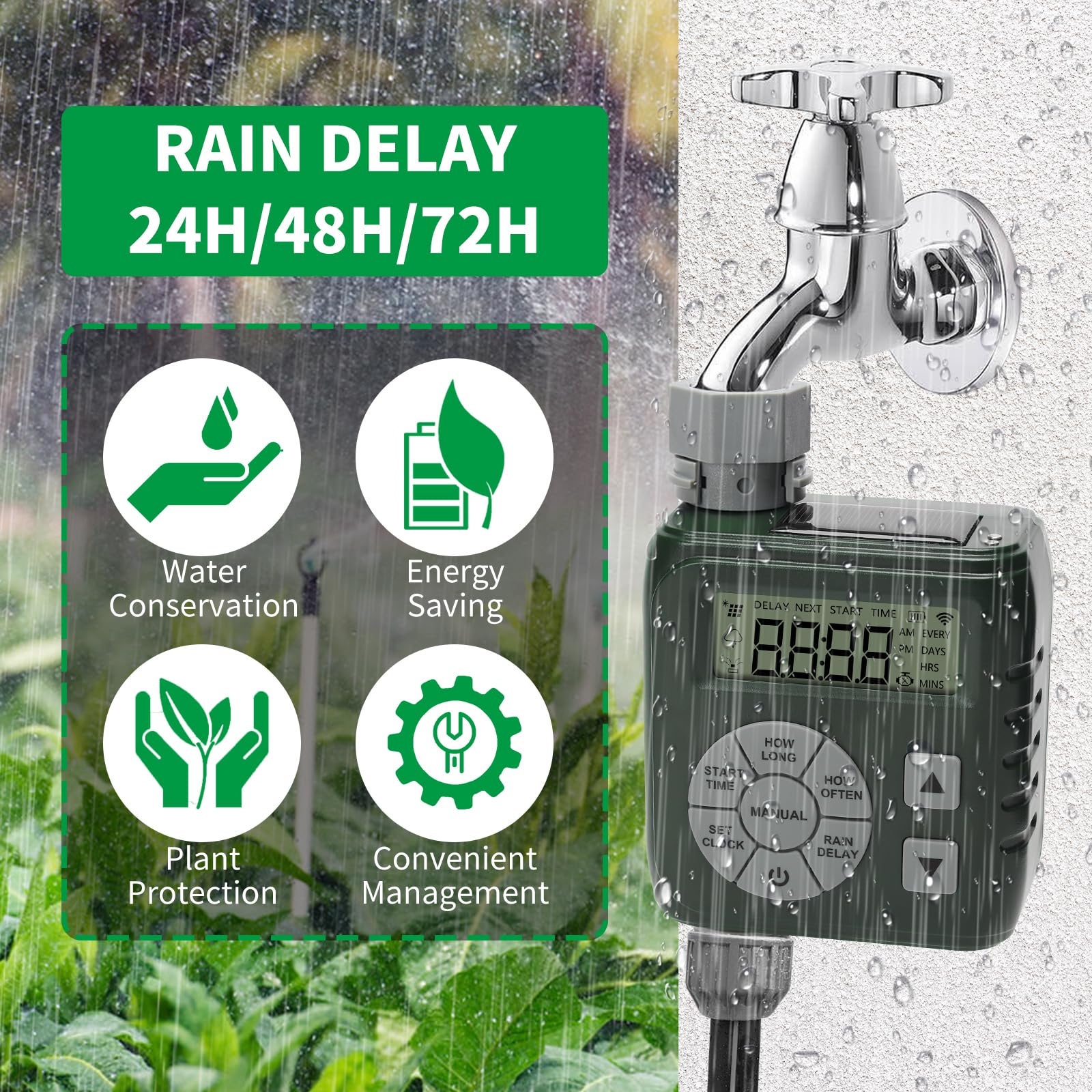 Zuomeng Programmable Sprinkler Timer Garden Hose Solar Battery Dual Power Green