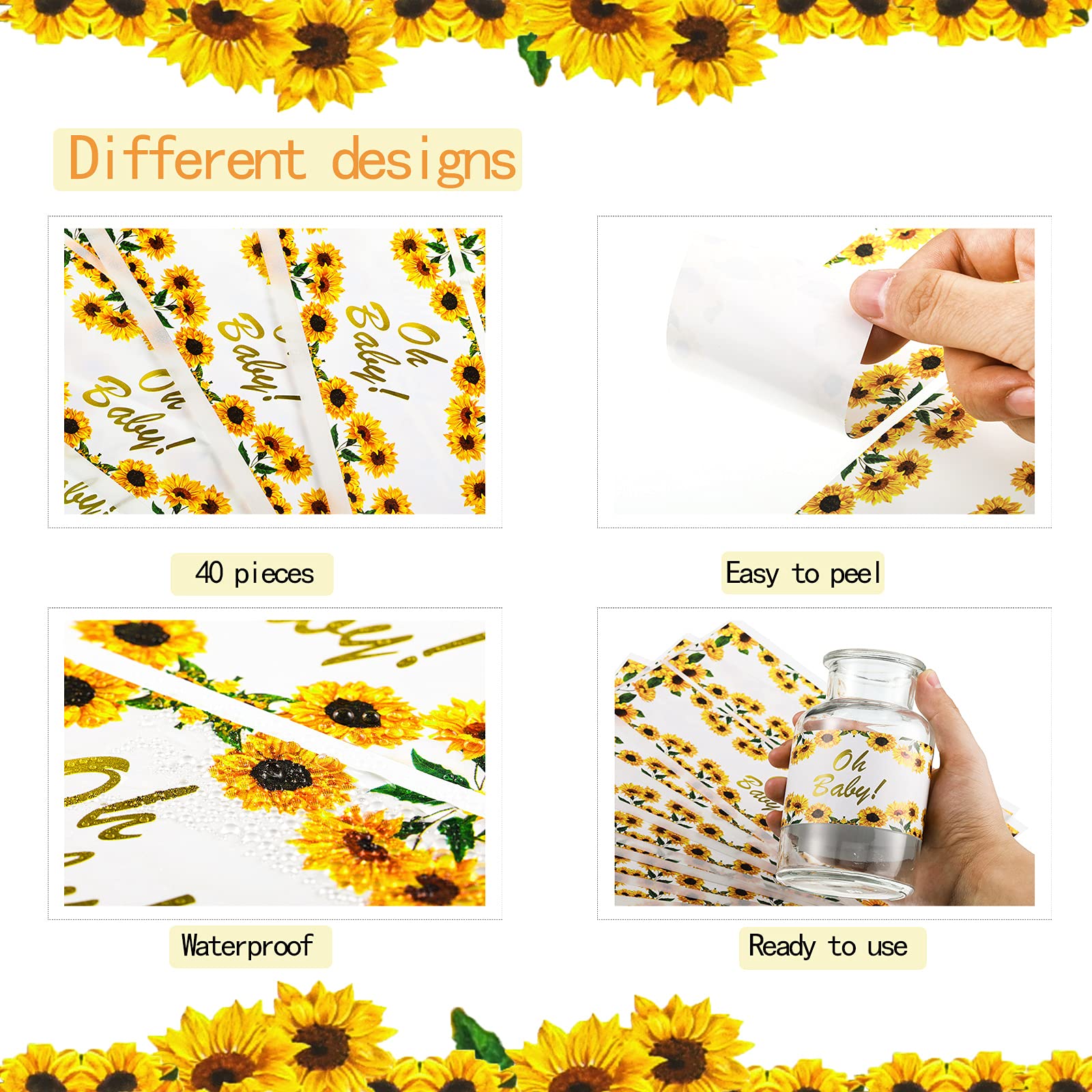 Outus 40pcs Sunflower Baby Shower Water Bottle Labels Floral Waterproof