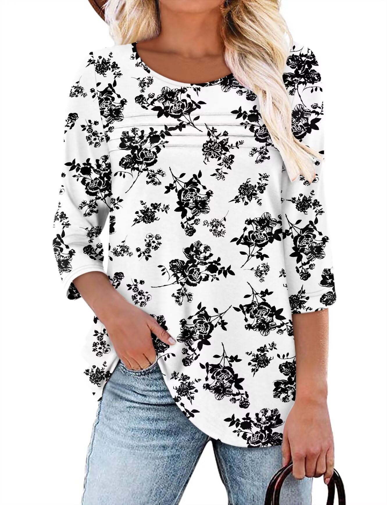 KISSMODA Women's 3/4 Sleeve Floral Print Soft Top Black Rose Size XL