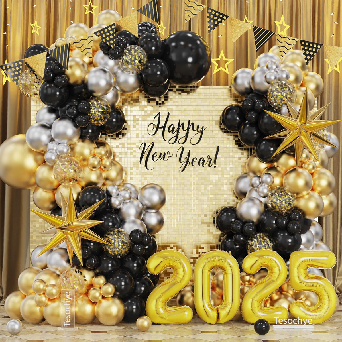 Black and Gold Balloons Garland Arch Kit,141 Pcs Black Silver Metallic Gold Confetti Balloons 2025 Foil Balloons for 2025 Happy New Year Birthday Graduation Party Decorations New Years Eve Party Decor