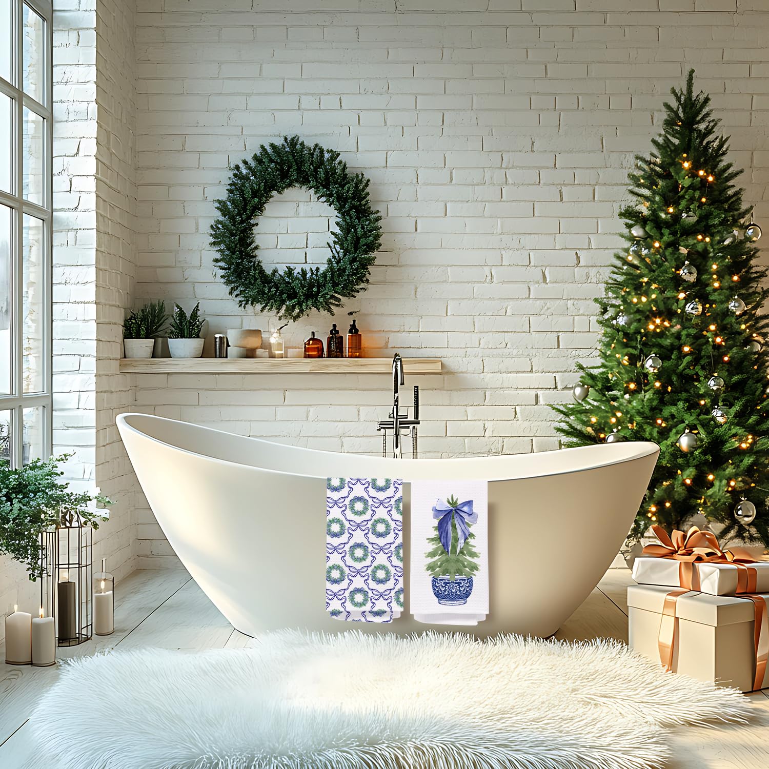 Chinoiserie Christmas Kitchen Towels Set of 2 Pink Bow 16x24 Inches