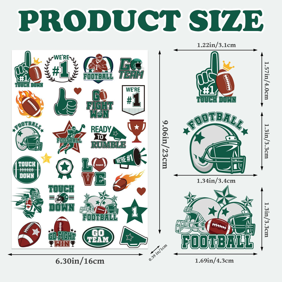 Green Team Spirit Temporary Tattoos, 180 Pcs Football Sports Cheer Face Tattoo Stickers, Glitter Green Team Spirit Week Accessories for Cheerleading Teams Sports Games Supplies School Prizes Rewards