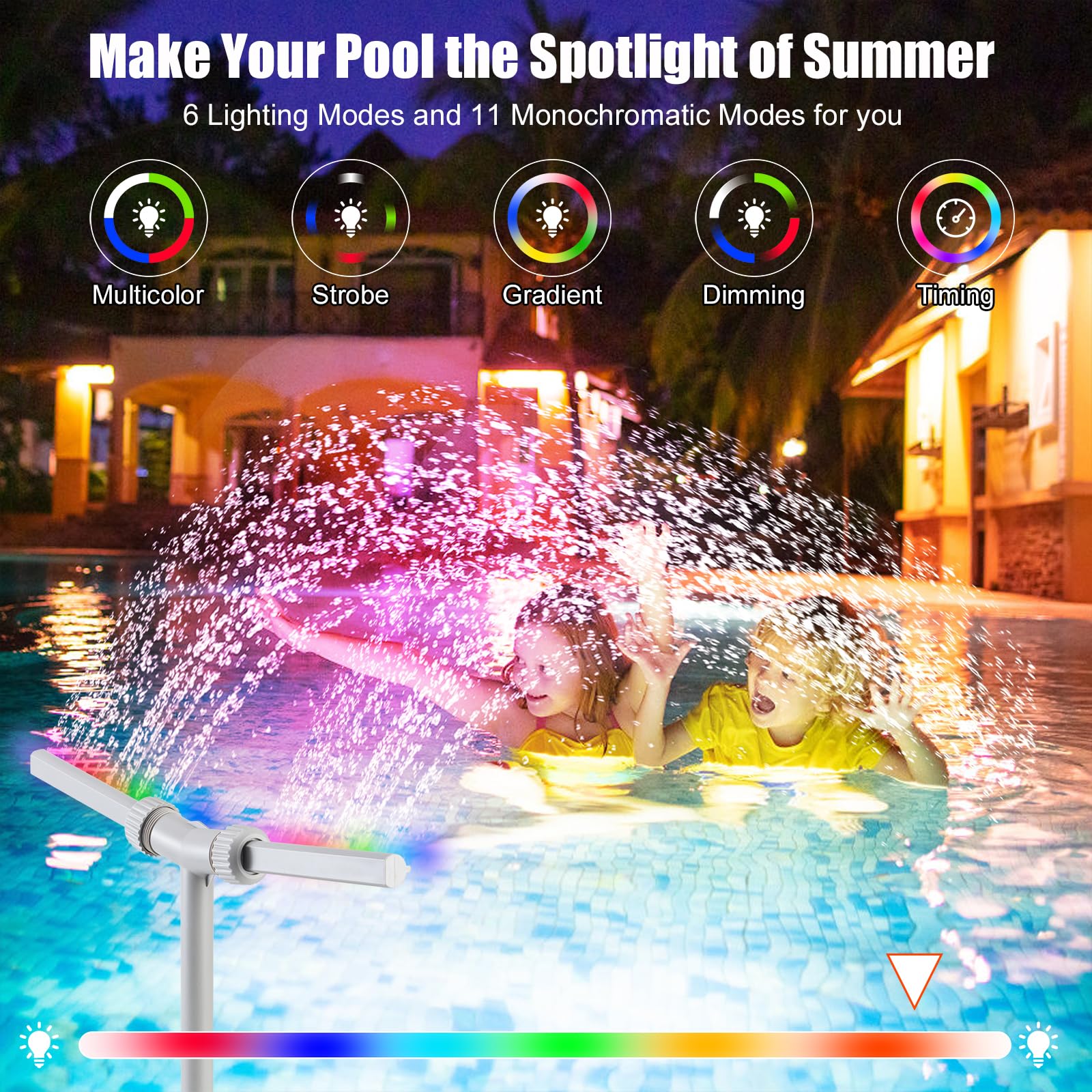 SWIMMORY Solar Pool Fountain Dual Sprayer with Lights Timer Remote White