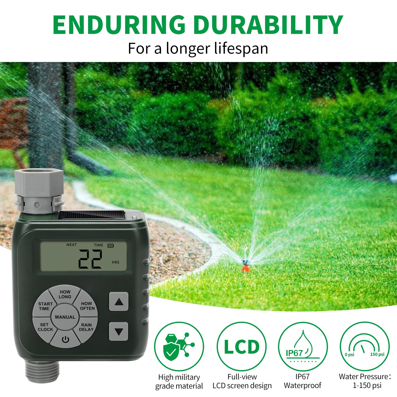 Zuomeng Programmable Sprinkler Timer Garden Hose Solar Battery Dual Power Green