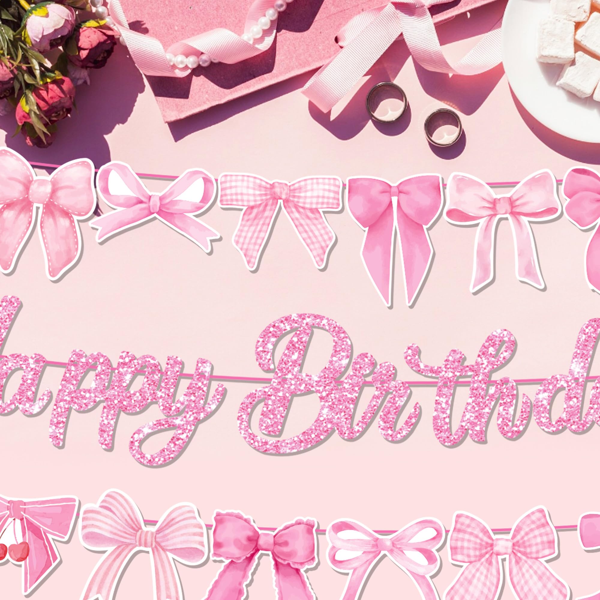 Lide Road 3Pcs Pink Bow Birthday Party Banner Pink White Bows 3 Count