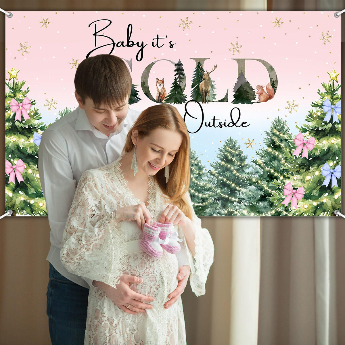 Avezano Baby It's Cold Outside Backdrop Pink and Blue Baby It's Cold Outside