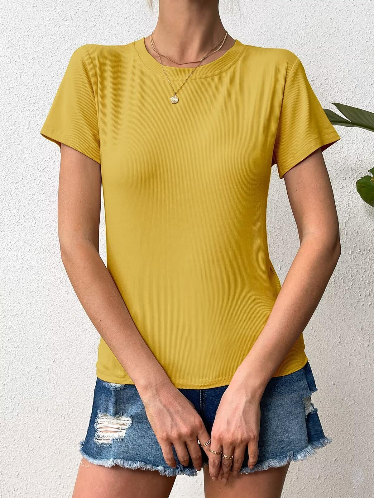 Ridshy Women's Ribbed Crewneck Short Sleeve T-Shirt, Yellow, Size L