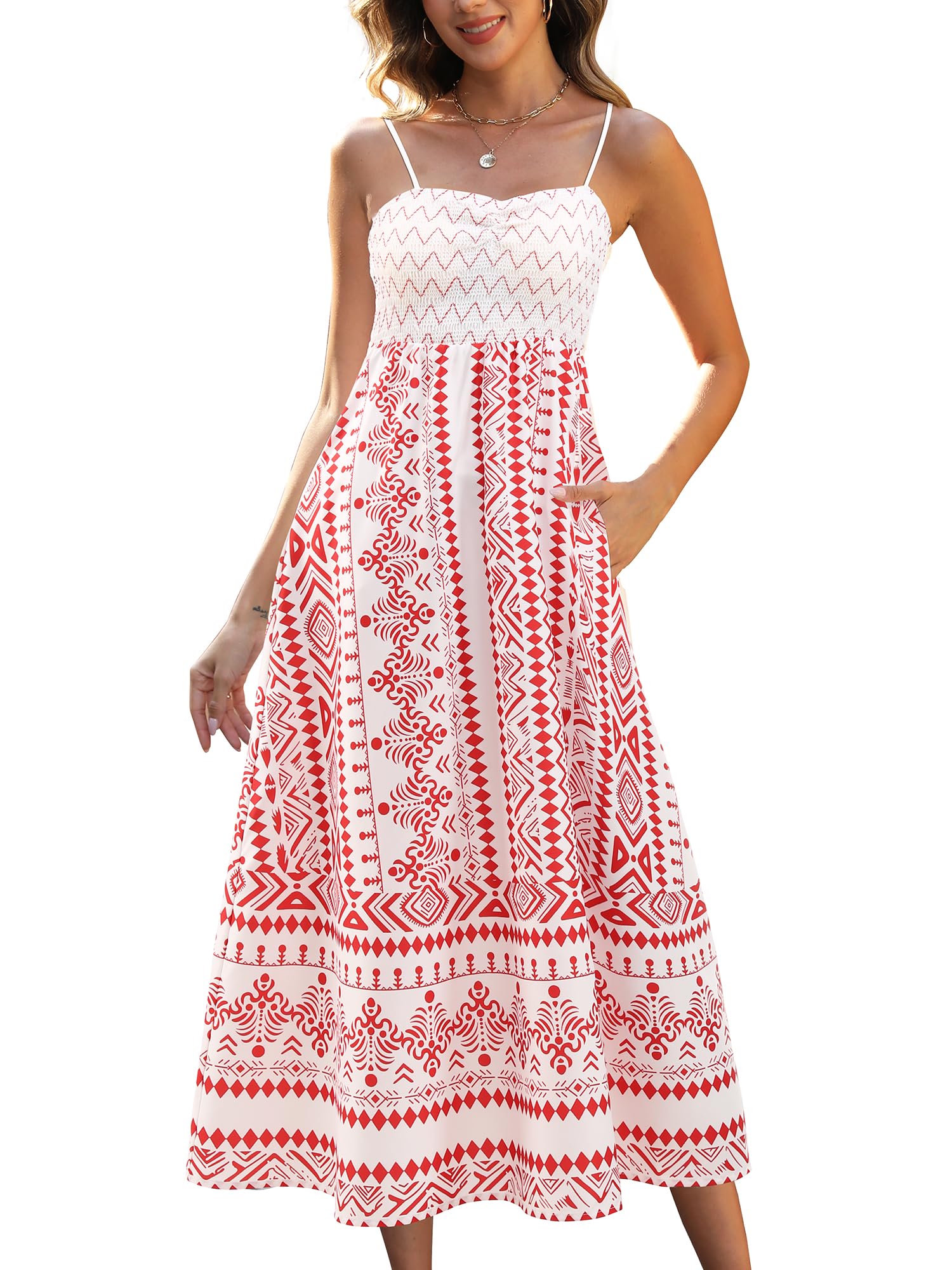 Gardenwed Women's Floral Print Maxi Dress Spaghetti Strap Pockets Red XL