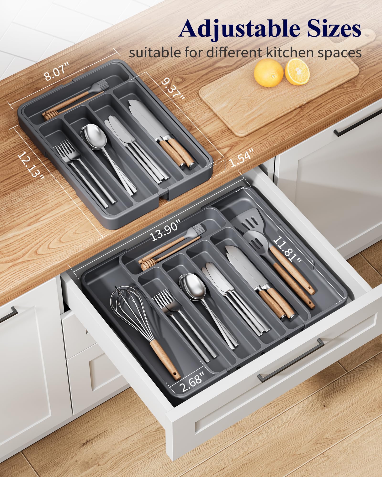 Kitsure Adjustable Cutlery Drawer Organizer Tray Grey 12.13x1.54x8.07-13.9"