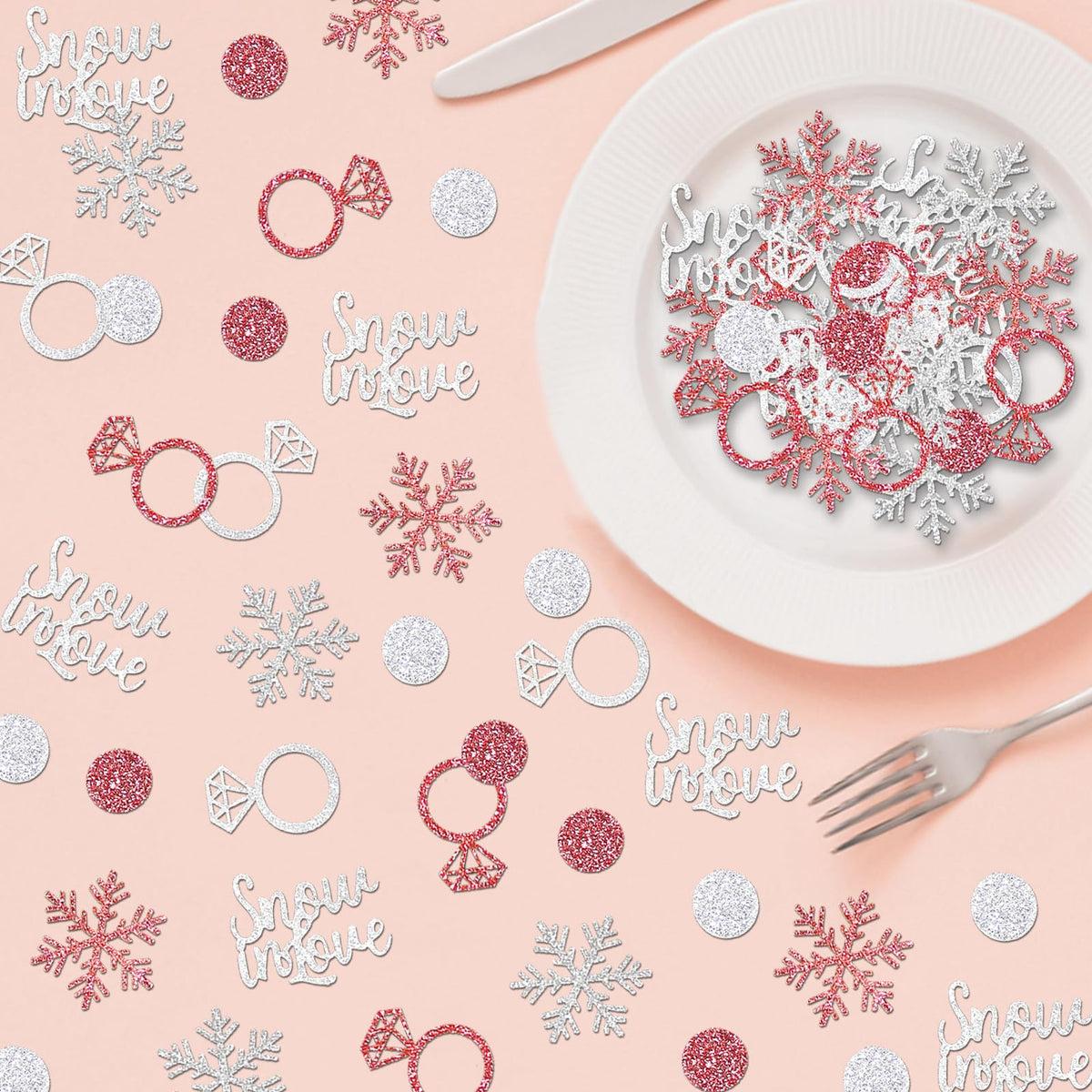 Gybeizhu 200pcs Snowflake Wedding Confetti for Tables, Rose Gold and Silver Glitter Snow In Love, Snowflakes and Ring Confetti for Wedding Bachelorette Bridal Shower Engagement Party Decorations.