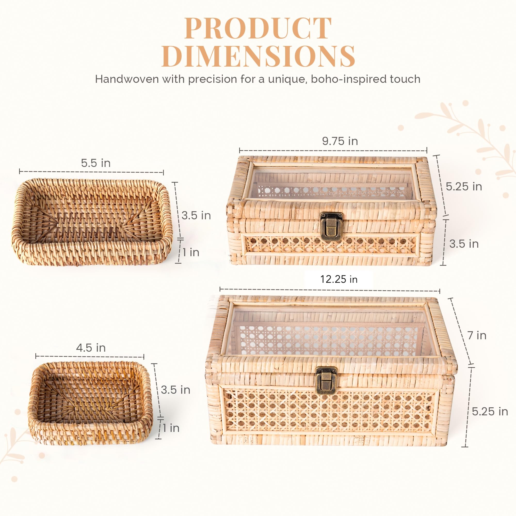 WISATO Rattan Display Boxes with Glass Lids Rectangular Natural Tan Set of 2