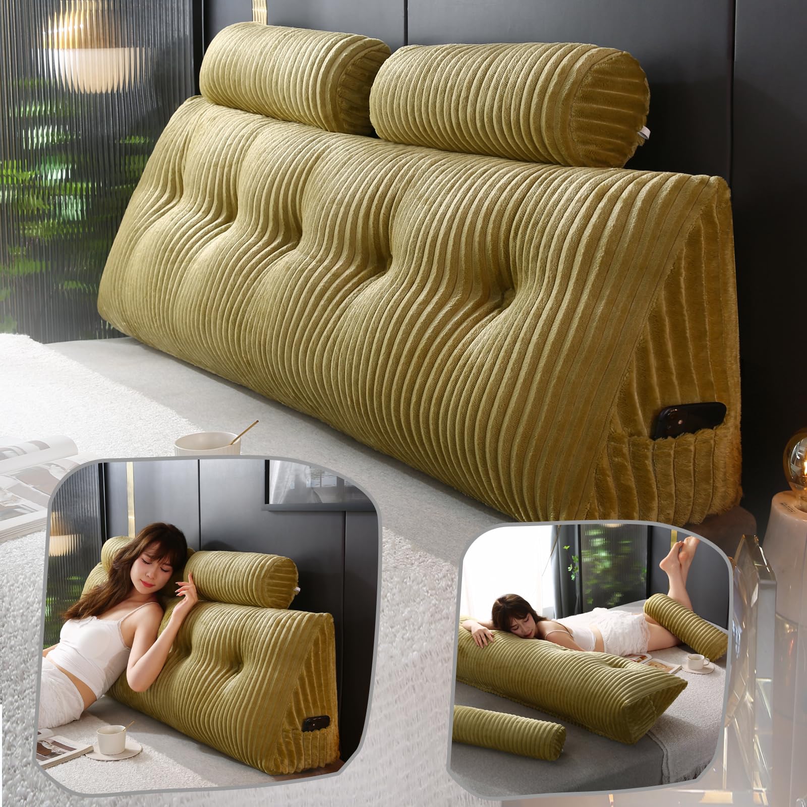 Ziihome Large Wedge Headboard Pillow with 2 Neck Roll Pillows Saddle Brown Queen