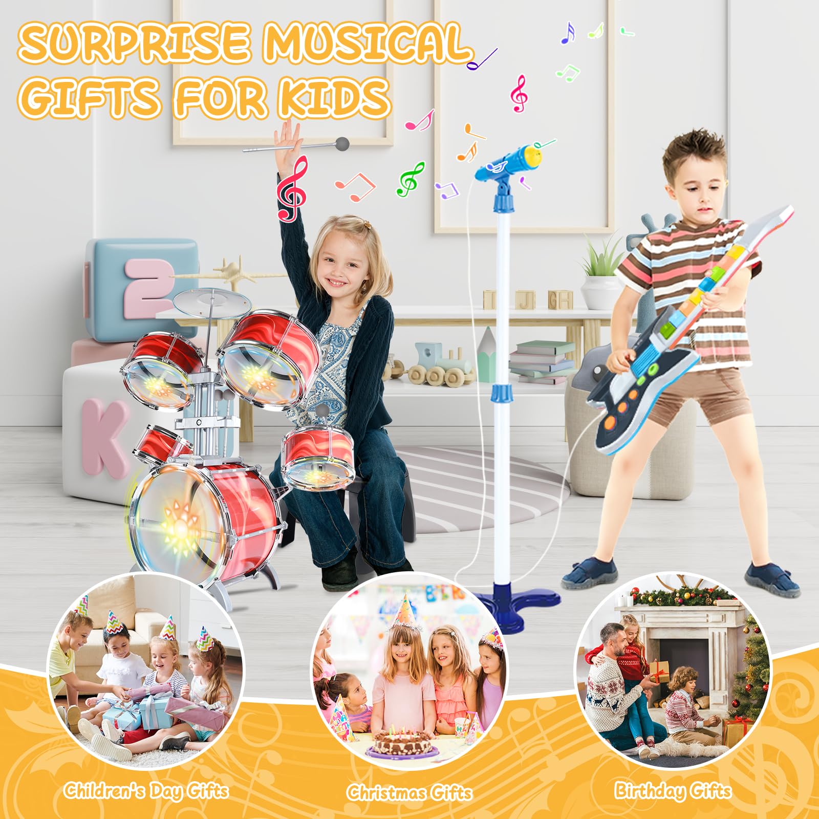 deAO Kids Drum Set 5-Drum Jazz Toy with Lights Vibrating Musical 3-5Y Red