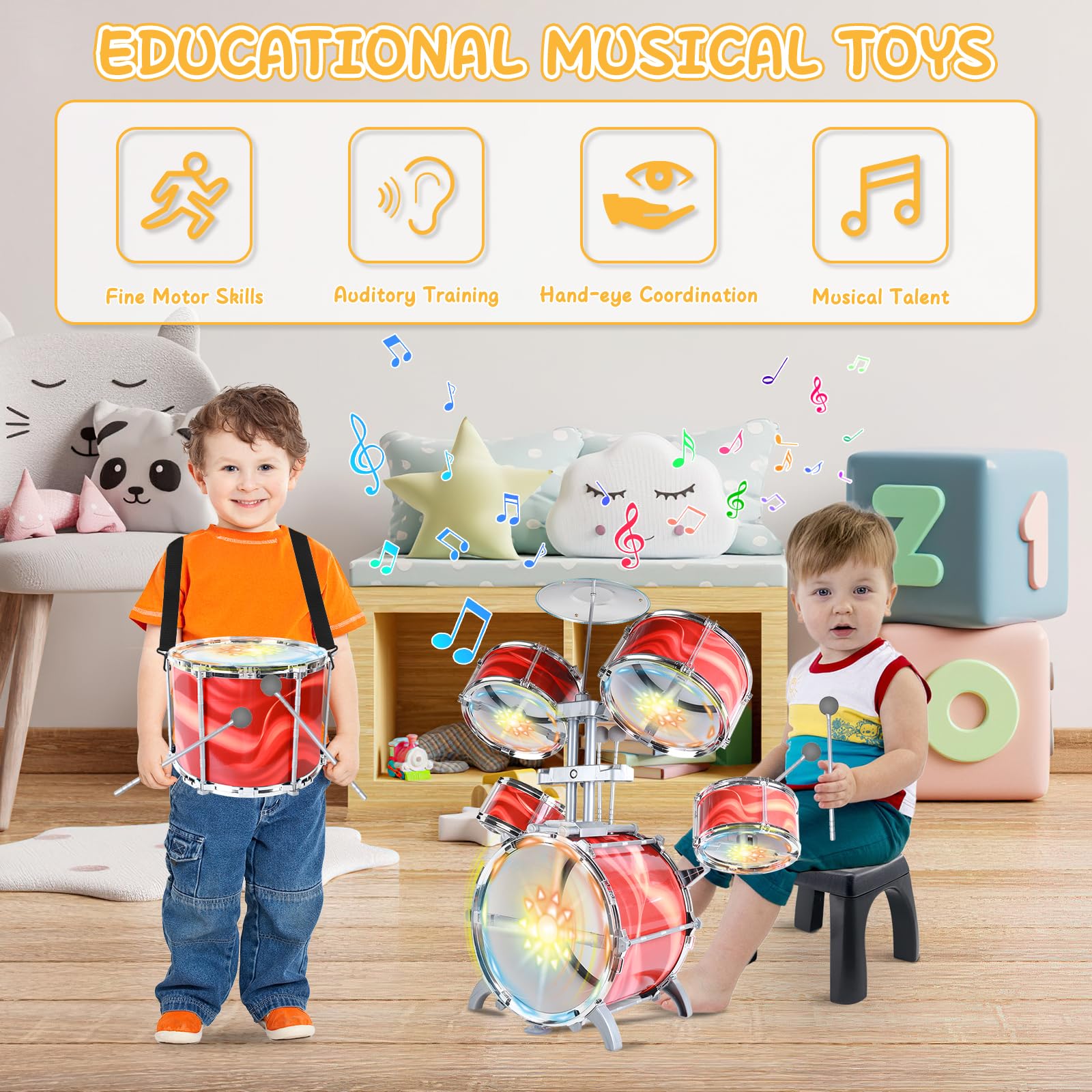 deAO Kids Drum Set 5-Drum Jazz Toy with Lights Vibrating Musical 3-5Y Red