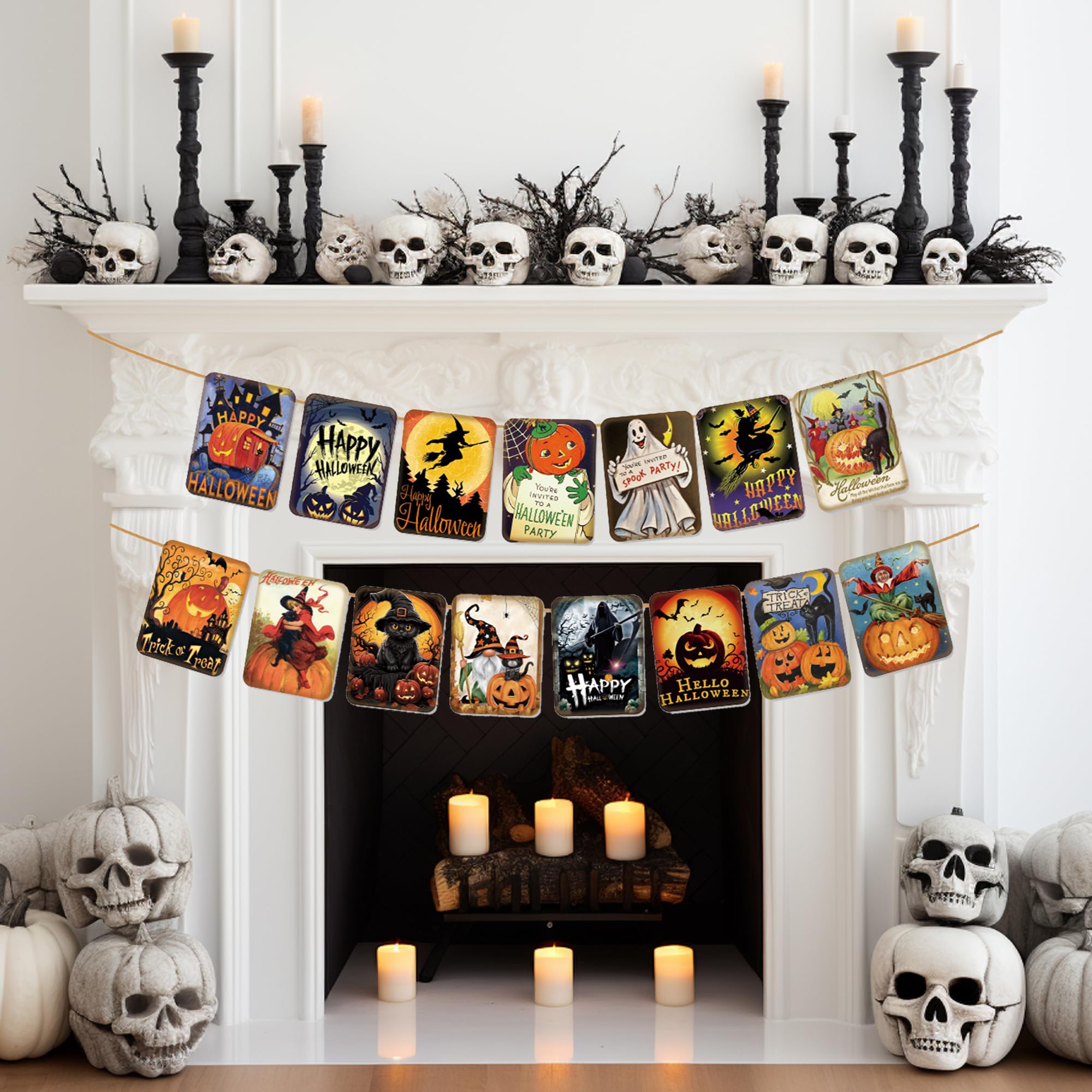 ICWJTGZ Vintage Halloween Banner 15 Pcs Retro Pumpkin Witch Paper Set A01