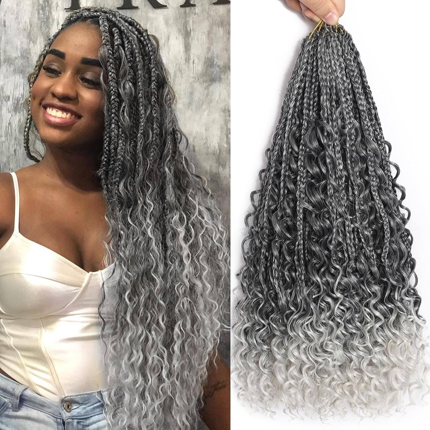 poetically Ombre Grey Boho Goddess Crochet Braids 18 Inch Pre-looped Hair