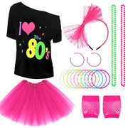 80s Outfit Costume Accessories for Women 1980s Outfits T Shirt Tutu Skirt Headband Bracelets Gloves for Theme Party Multicolor
