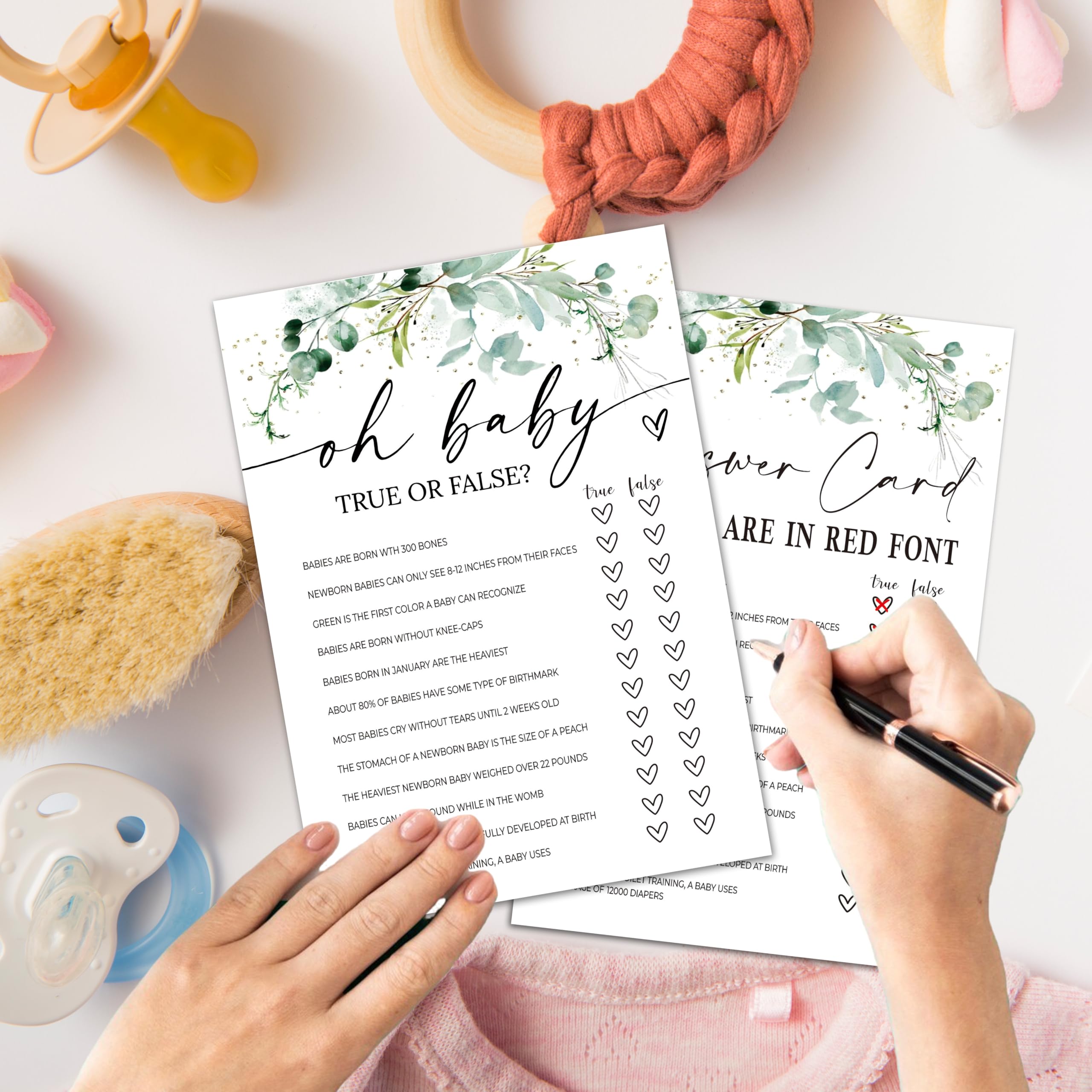 AKTFV Baby Shower Game Cards True Or False Set of 30 Greenery Double Sided
