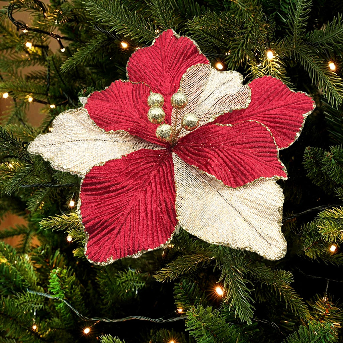 Artificial Christmas Poinsettia Picks, Red and Champagne, 4-Piece Set