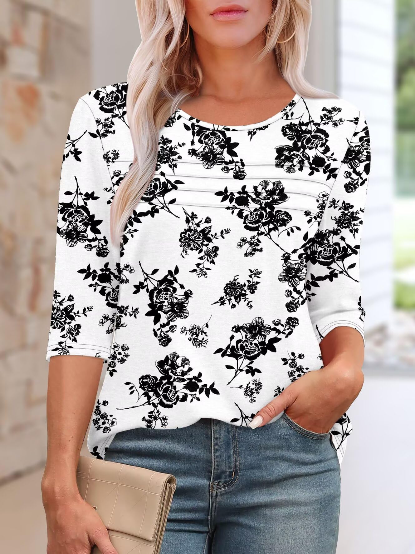 KISSMODA Women's 3/4 Sleeve Floral Print Soft Top Black Rose Size XL