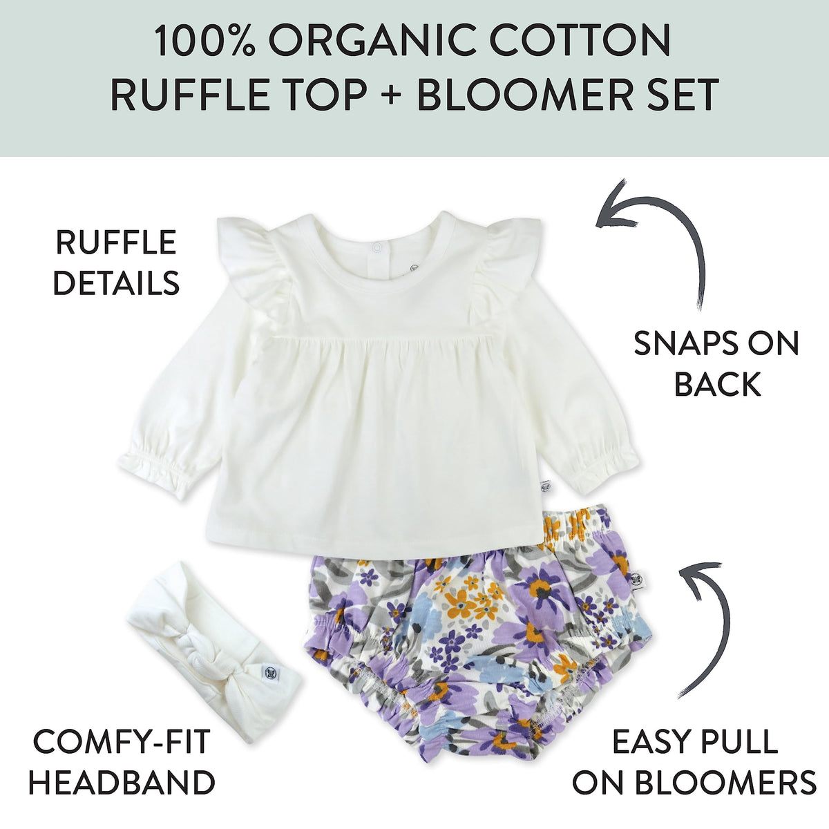 HonestBaby Girls Organic Cotton 3-Piece Set, Jumbo Floral Lilac, 18M