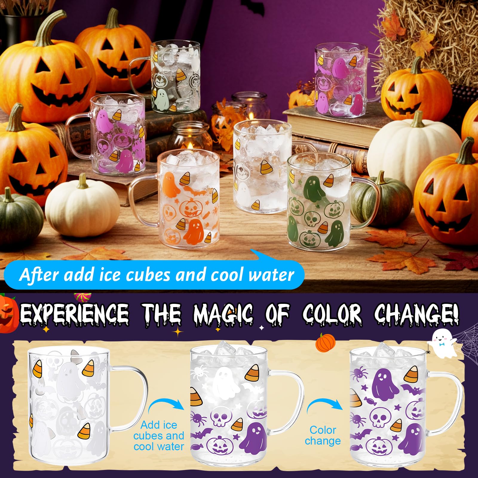 Acellegic Halloween Ghost Color Changing Coffee Mugs 16oz 6 Pcs Glass Clear