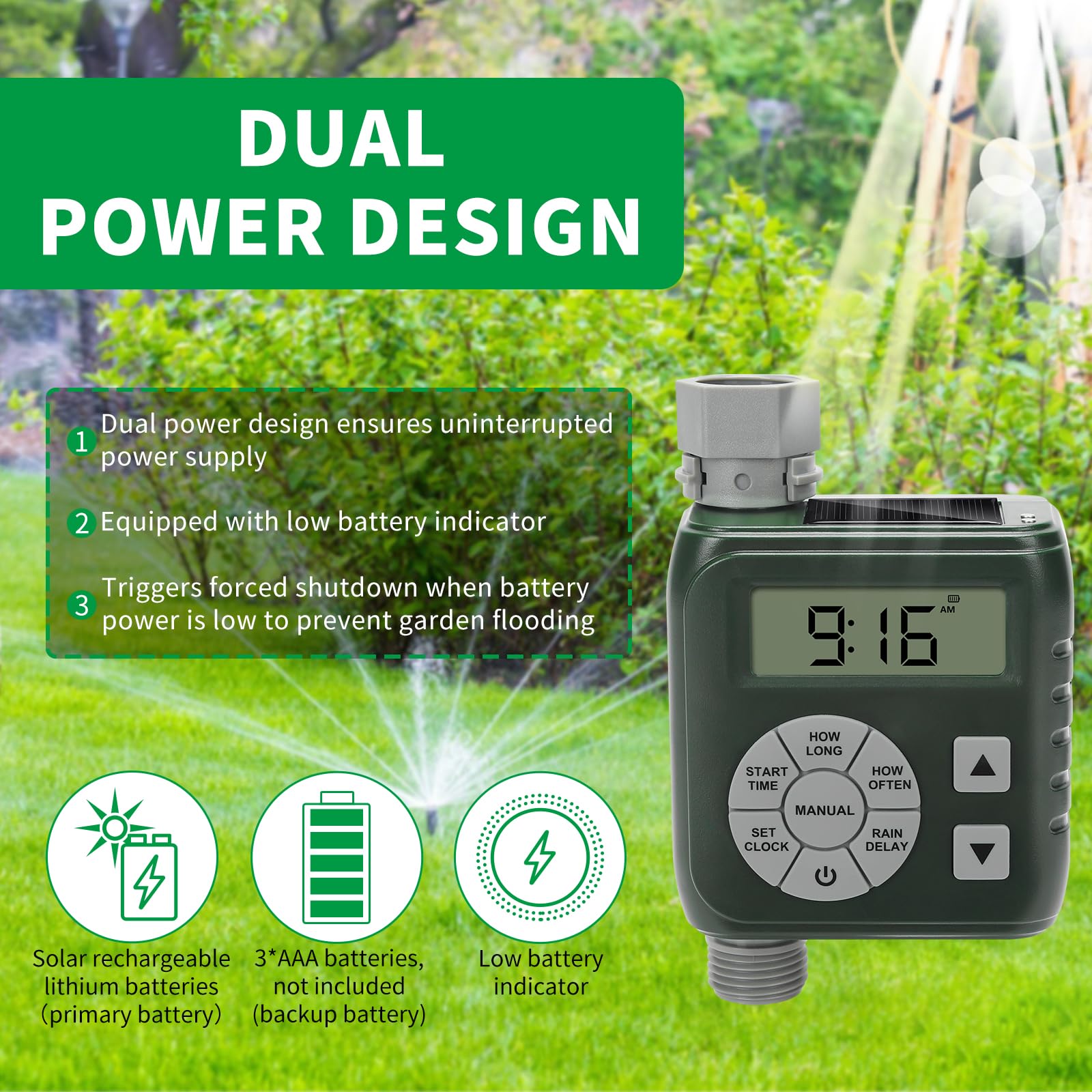 Zuomeng Programmable Sprinkler Timer Garden Hose Solar Battery Dual Power Green