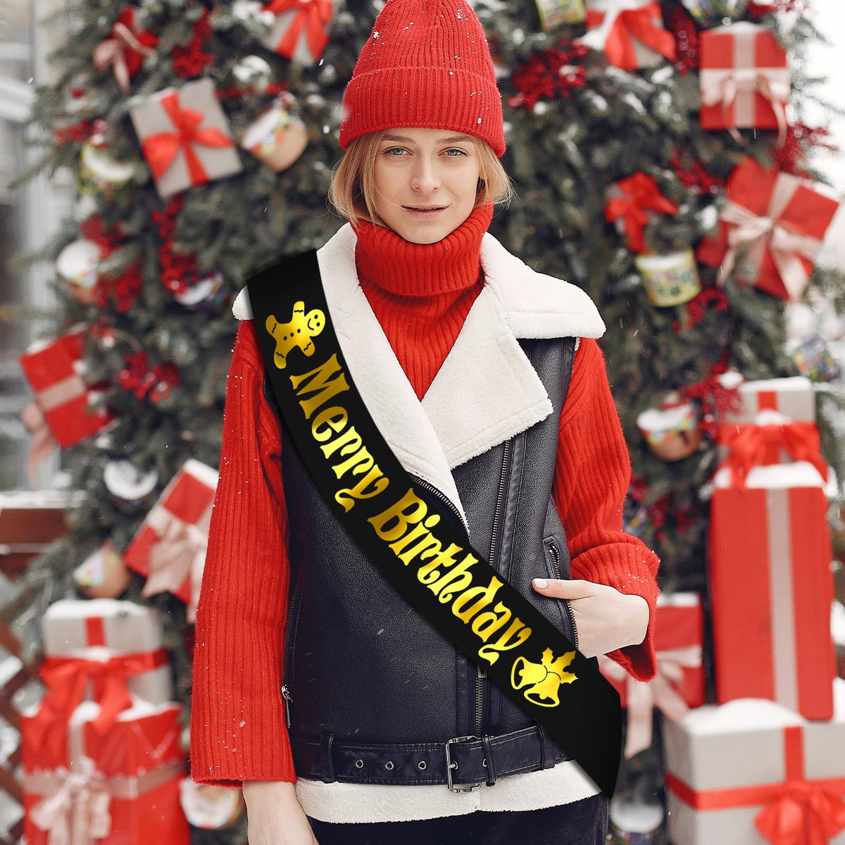 JXYCBZYing Merry Birthday Sash with Gold Foil, Black Holiday Birthday Sash, Christmas Birthday Sash, Holiday Birthday Party Decorations, Ideas, Gifts, Jokes and Favors (Black + Gold)