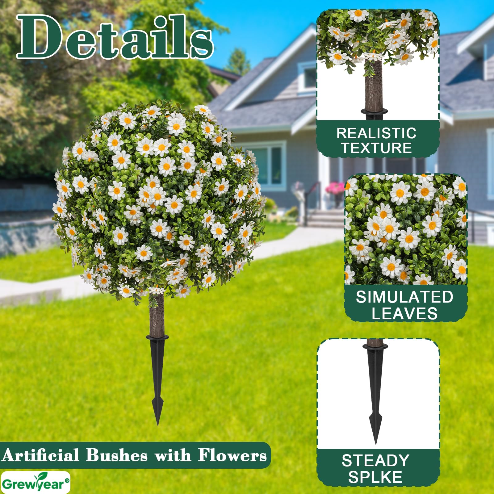 Grewyear Set of 2 Artificial Topiary Ball Trees with White Mum Outdoor