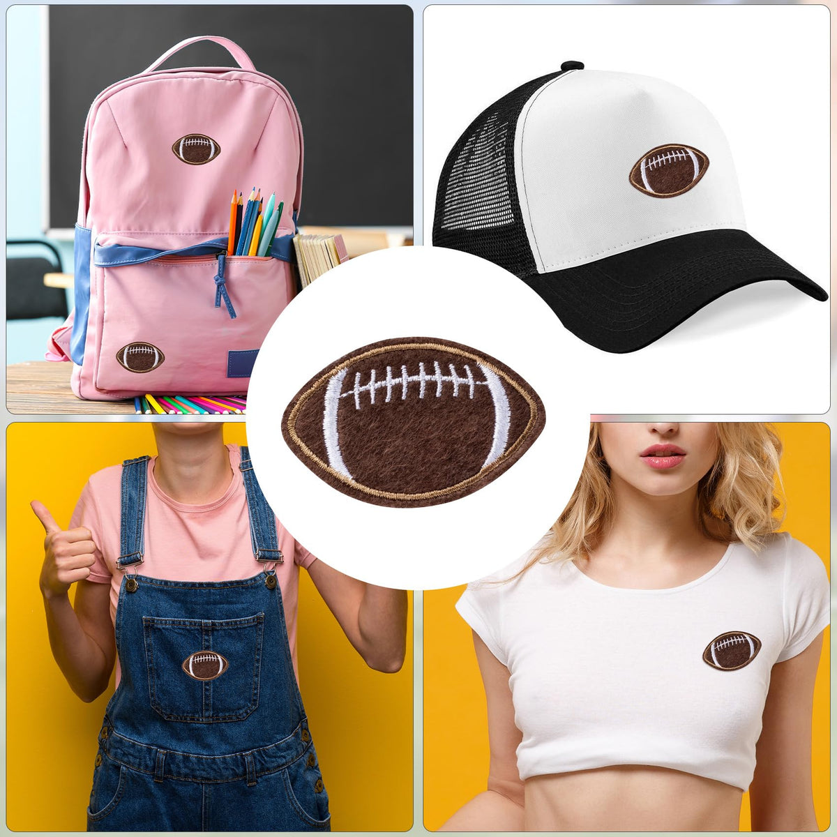 Pndeyo 35pcs Football Iron on Patches for Backbags, Sew on Football Bumble Embroidered Patch, Sport Embroidery Applique Decoration Accessories for DIY Clothes Jackets Jeans Hats Bags- Brown