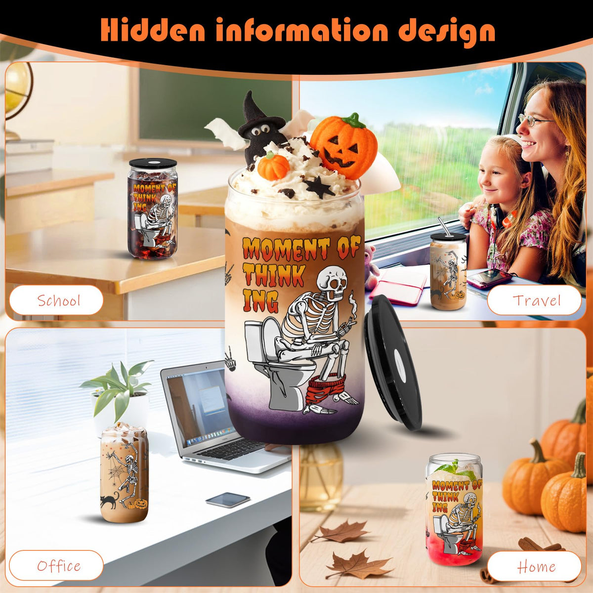 Halloween Tumbler Boo Basket Stuffers, Halloween Gifts for Women Teens Kids, Fall Cups Glass Coffee Mug with Lid & Straw 16 oz, Spooky Cute Skeleton Gag Gifts Fall Basket Stuffers Drinking Glasses