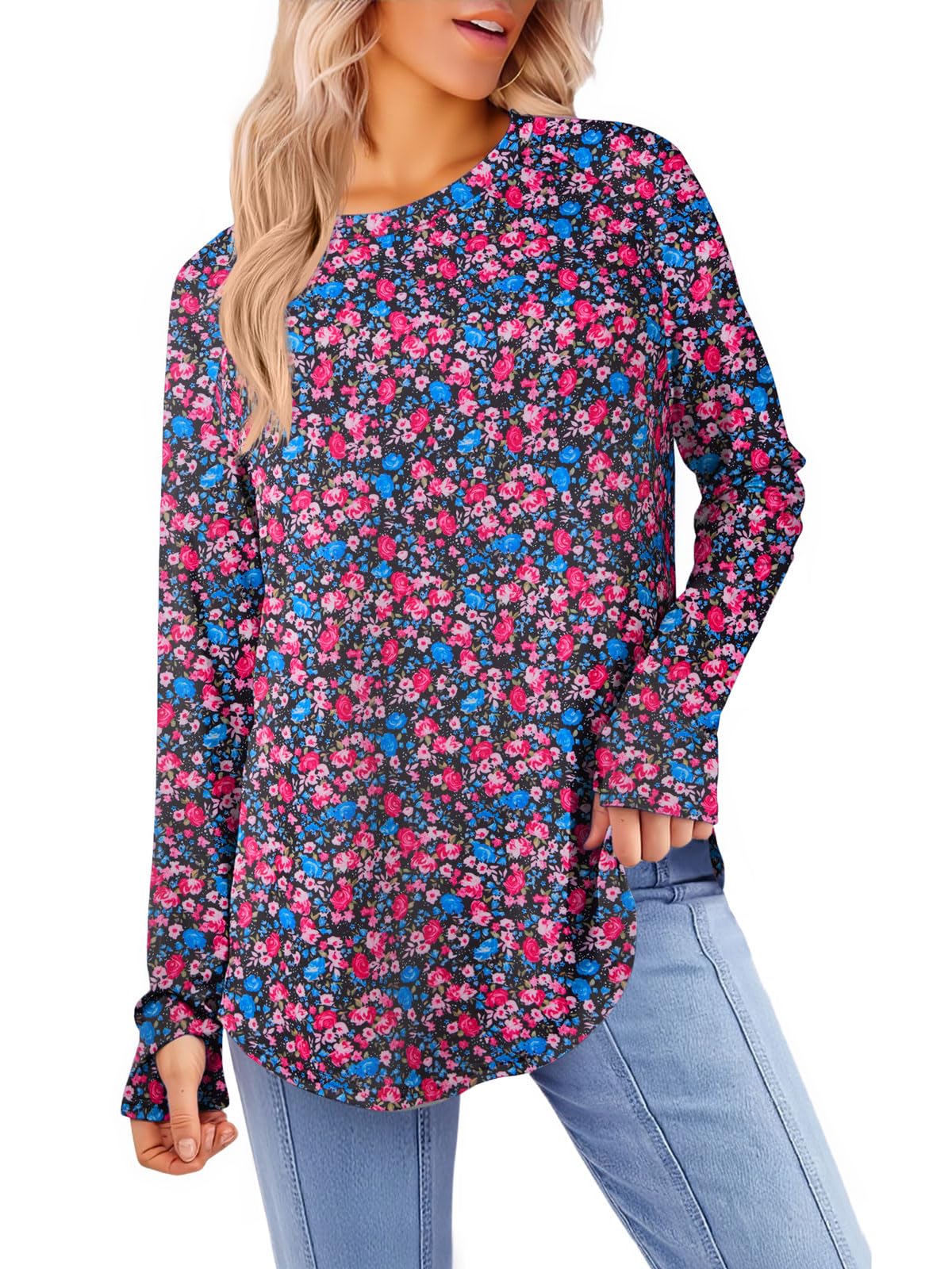 Yousify Womens Long Sleeve Shirts Casual Crew Neck Tunic Top Loose Fit Curved Hem Printed Fall Shirts with Thumb Holes