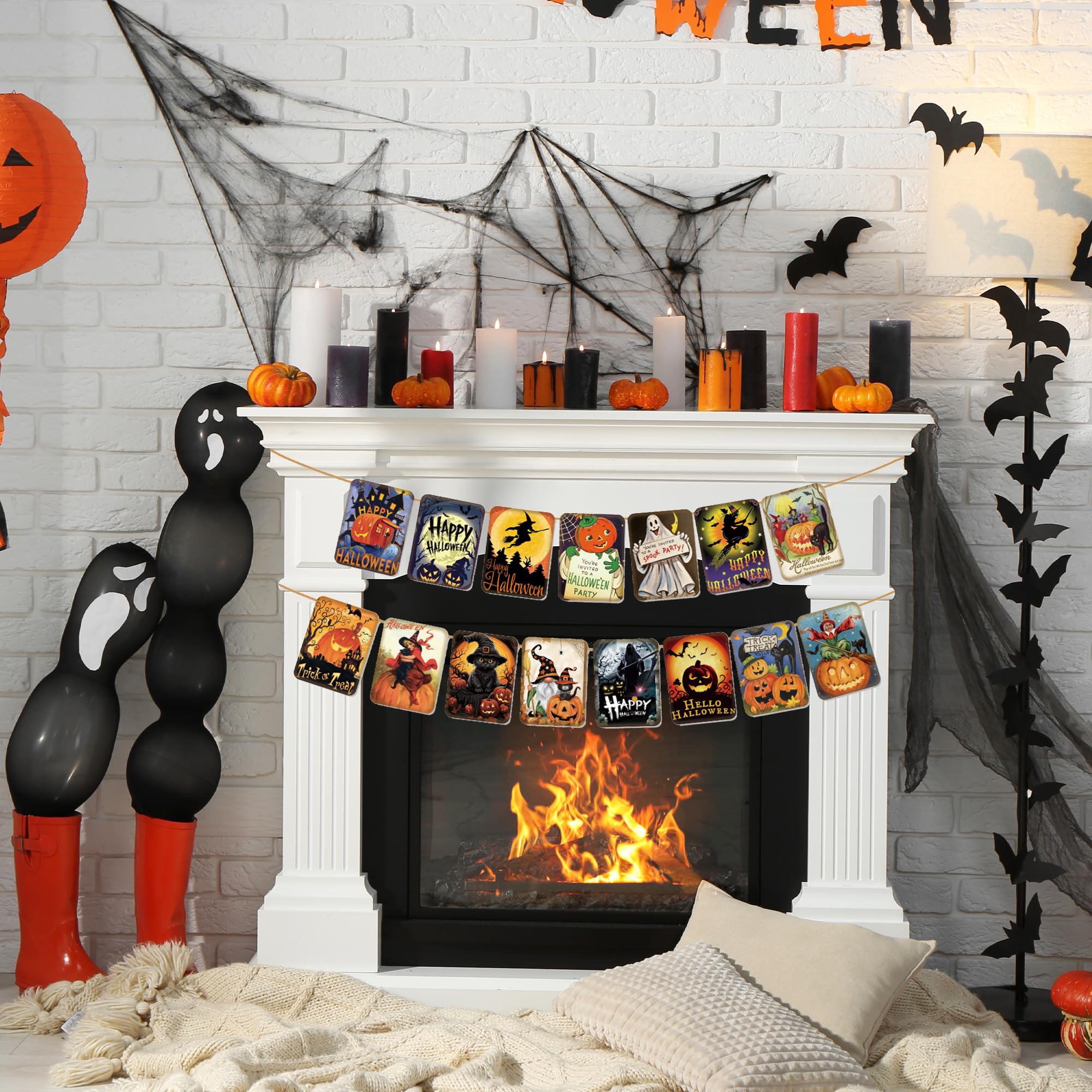 ICWJTGZ Vintage Halloween Banner 15 Pcs Retro Pumpkin Witch Paper Set A01