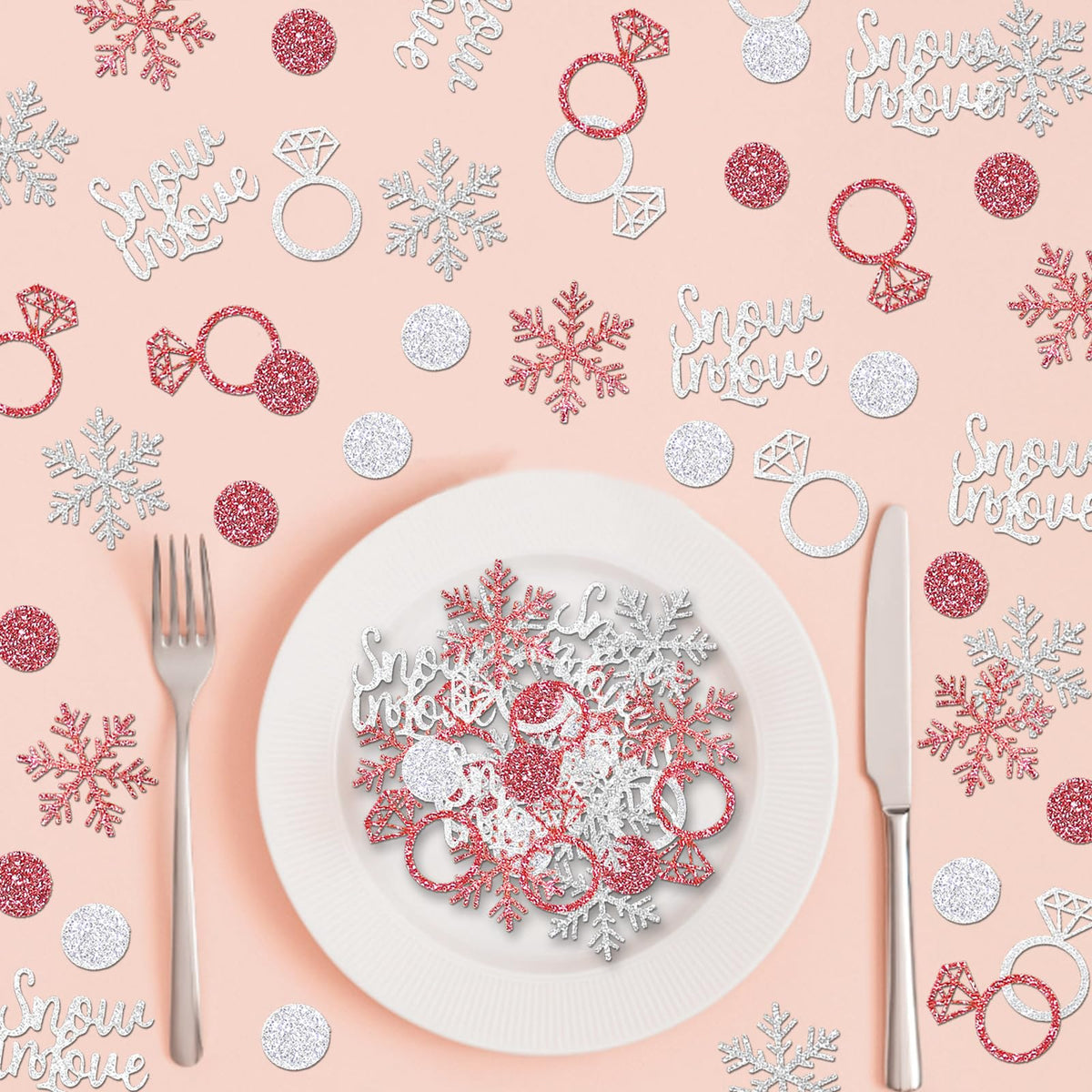 Gybeizhu 200pcs Snowflake Wedding Confetti for Tables, Rose Gold and Silver Glitter Snow In Love, Snowflakes and Ring Confetti for Wedding Bachelorette Bridal Shower Engagement Party Decorations.