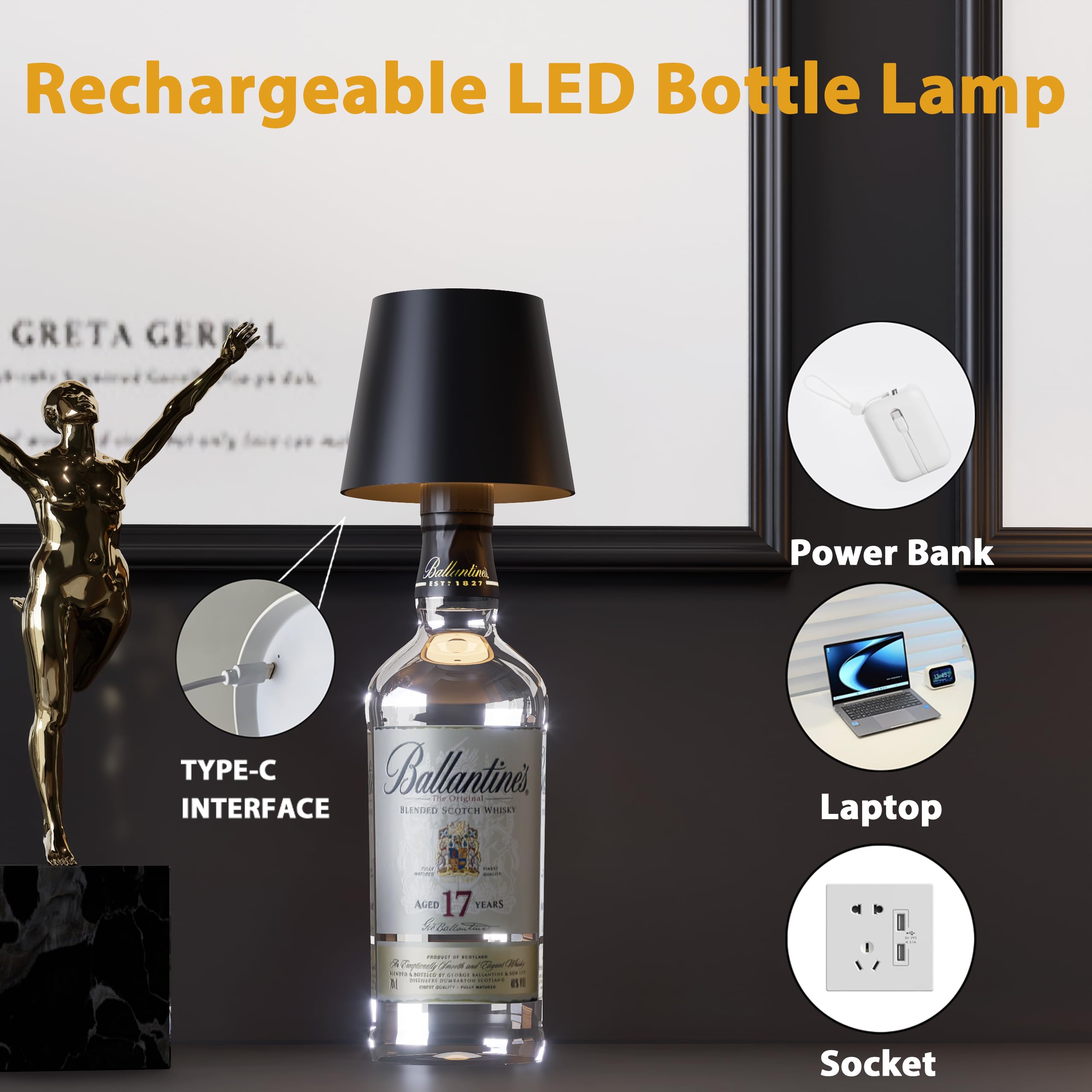 BENCAMAO Wireless Rechargeable Wine Bottle Lamp 3 Color Black