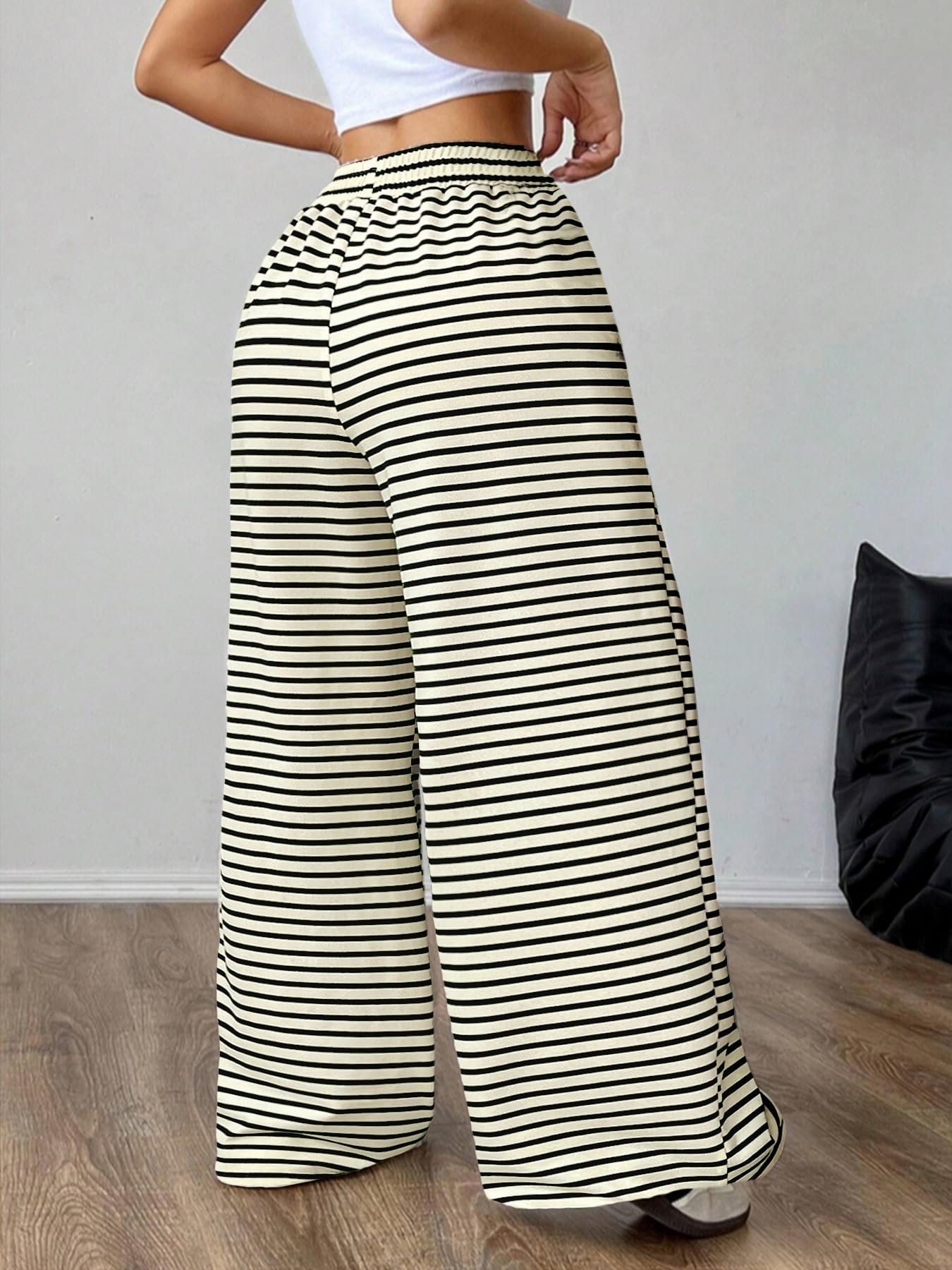 GUOLEZEEV Women Lounge Pants Elastic Waist Striped Y2K Sleepwear Black Apricot L