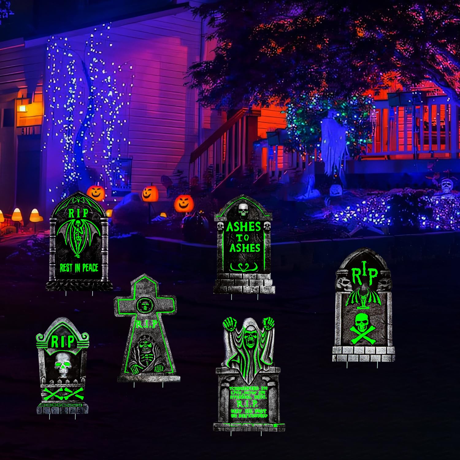 CiniQy Halloween Tombstones 6 Pack Light Up 16.5x11.5" Waterproof Outdoor Decor