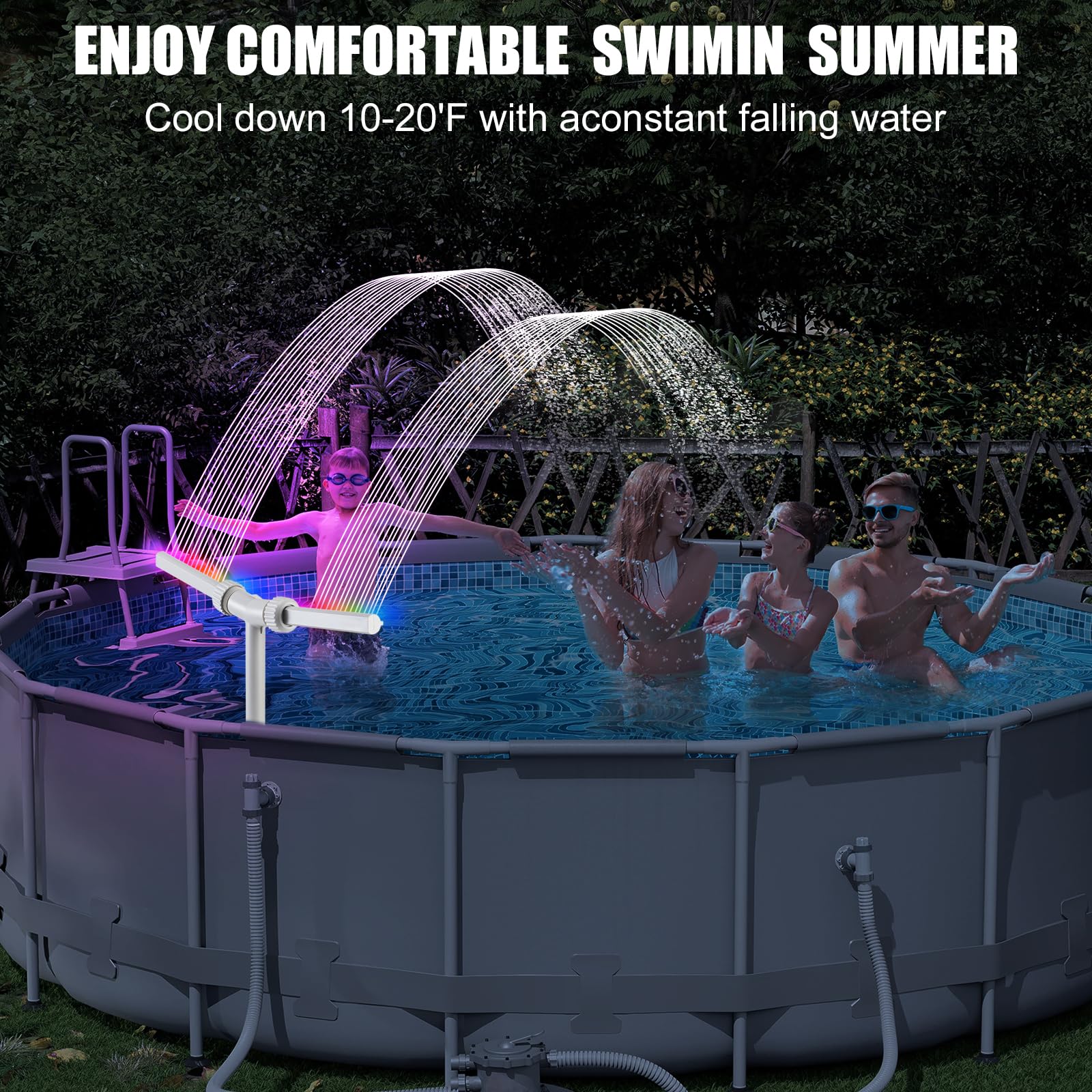 SWIMMORY Solar Pool Fountain Dual Sprayer with Lights Timer Remote White