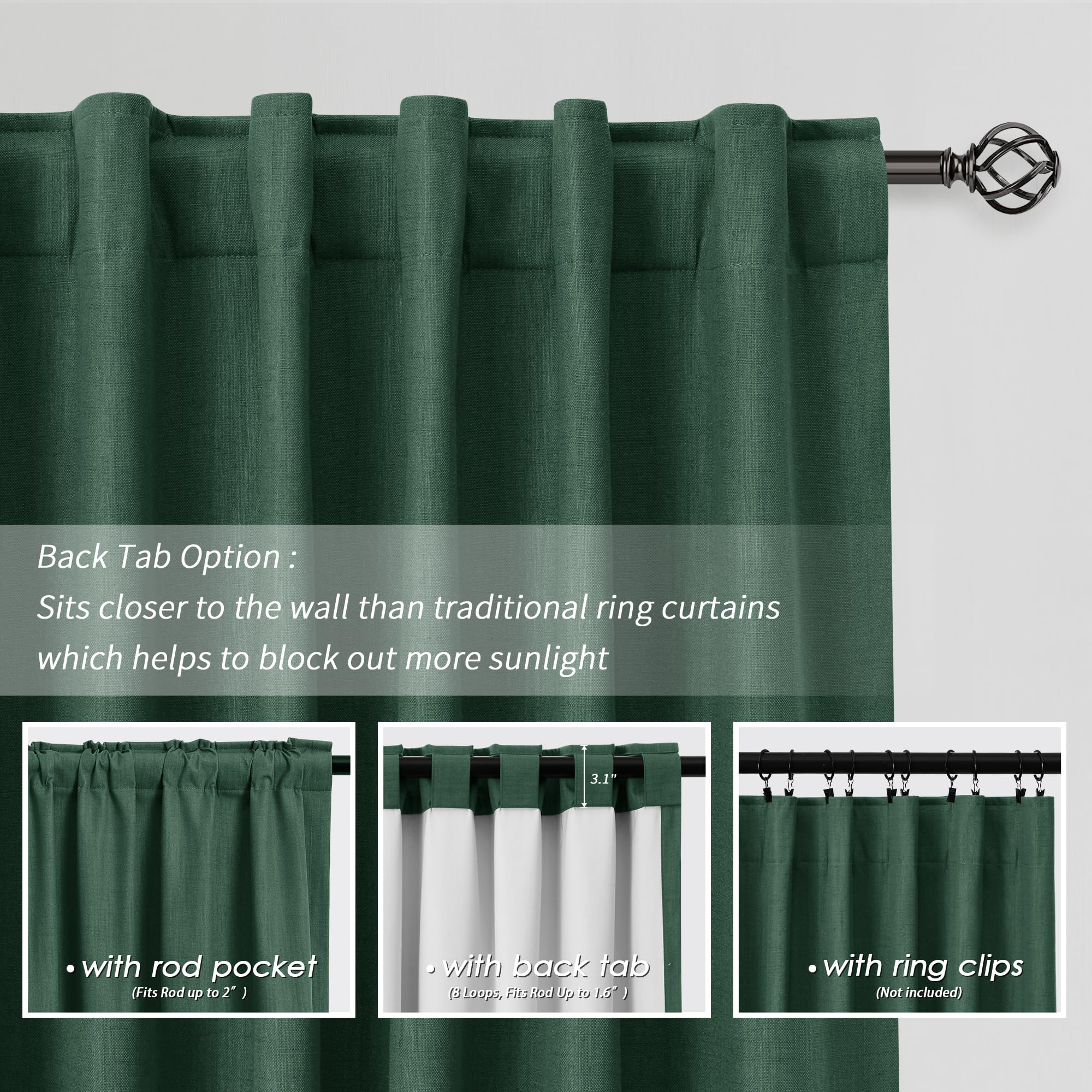 BOODII Linen Blackout Curtains Green 52x72 2 Panels Thermal Insulated