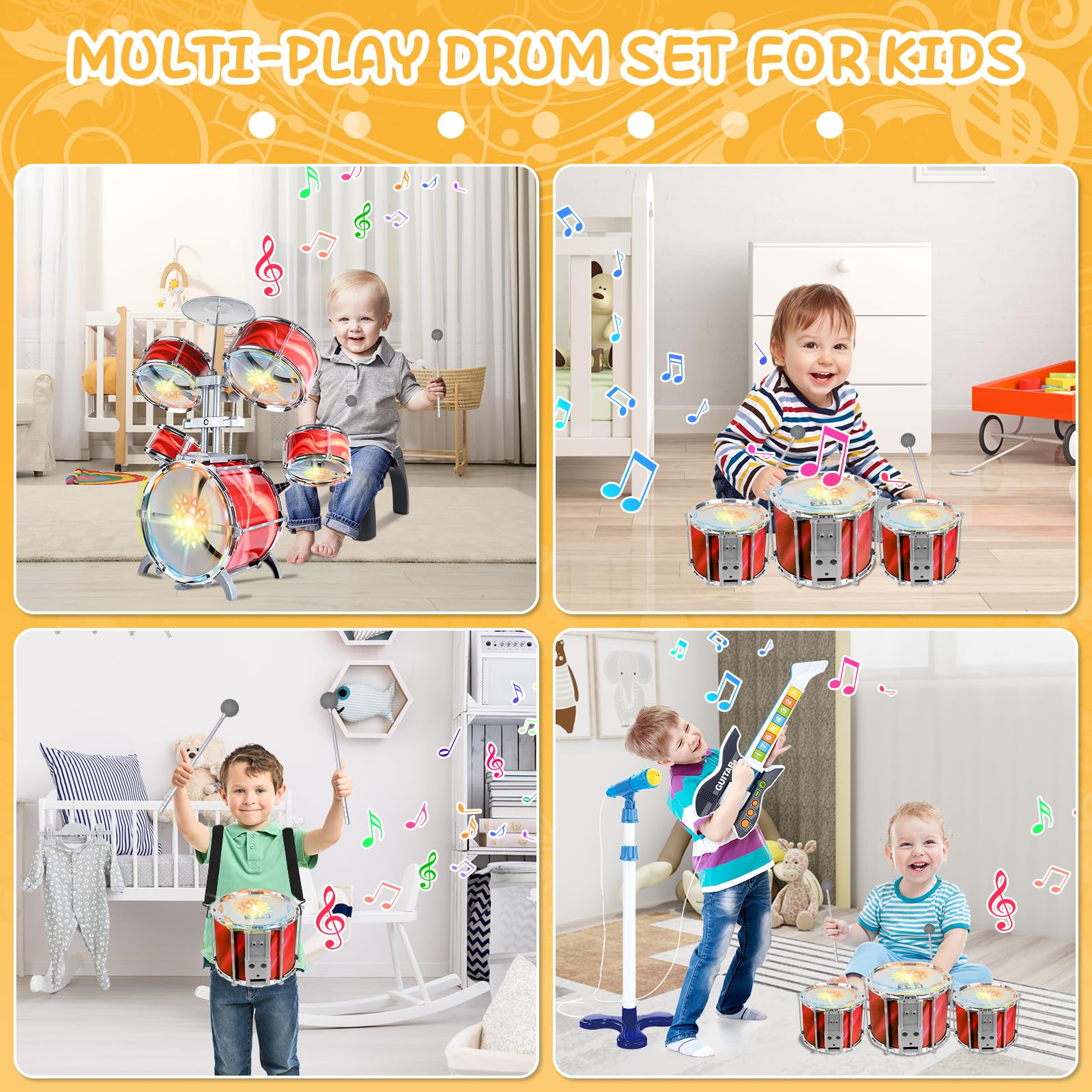 deAO Kids Drum Set 5-Drum Jazz Toy with Lights Vibrating Musical 3-5Y Red