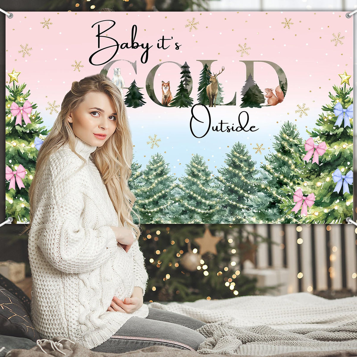 Avezano Baby It's Cold Outside Backdrop Pink and Blue Baby It's Cold Outside