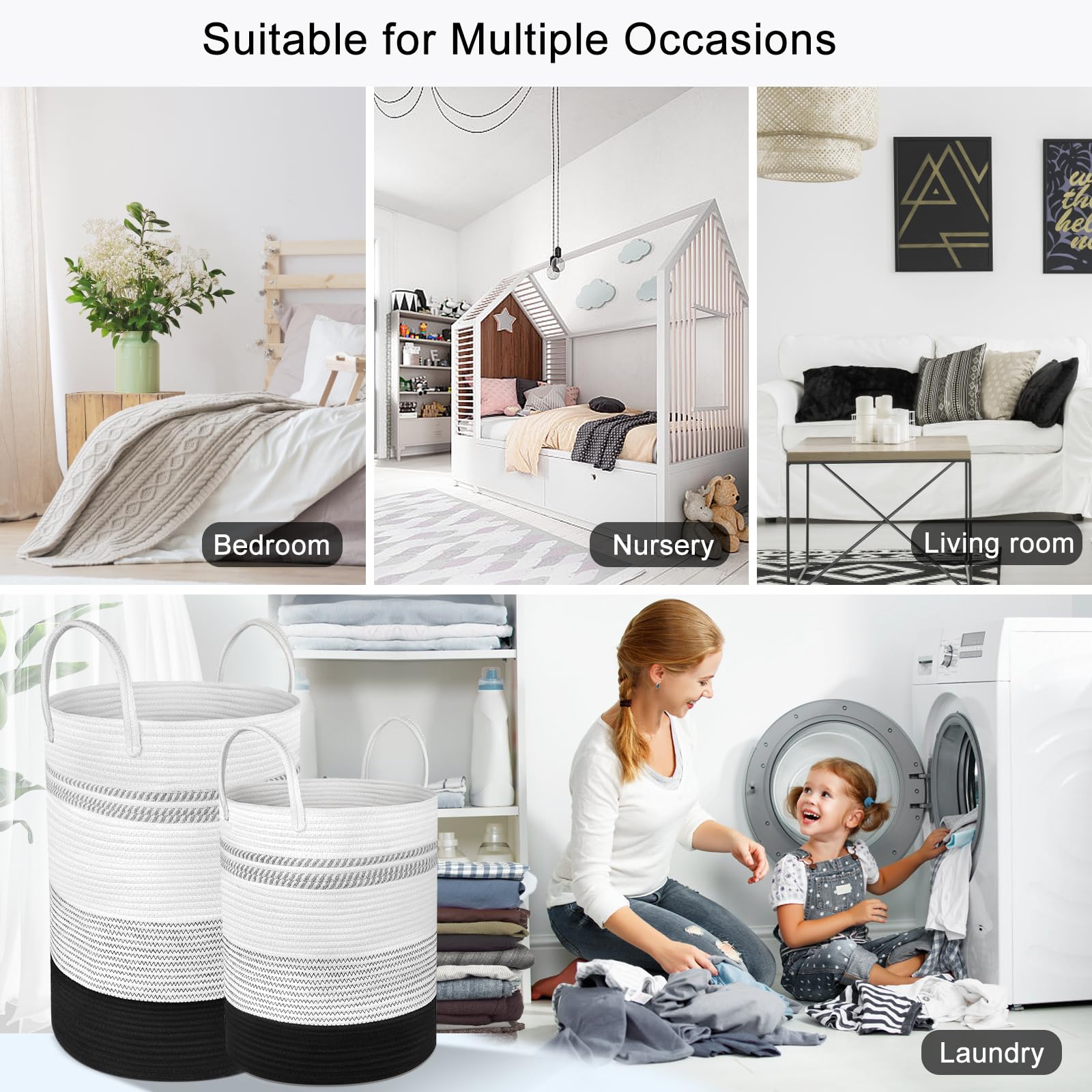 2-Pack Rope Laundry Baskets Cotton Hamper Woven Storage 58L 28L Black