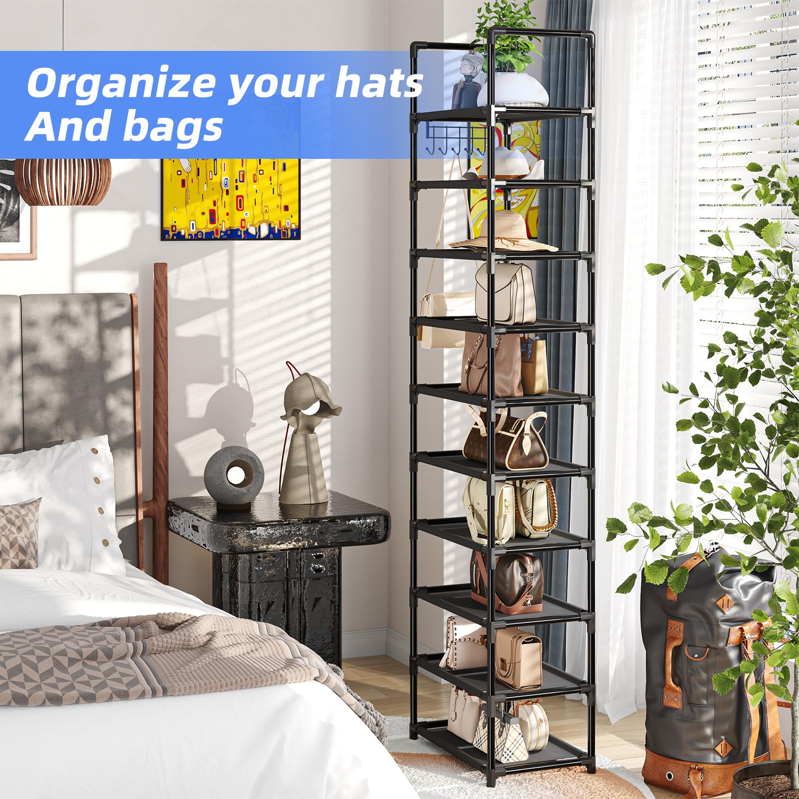 Simple Trending Tall Shoe Rack 10 Tiers Holds 20 Pairs with Hooks Black