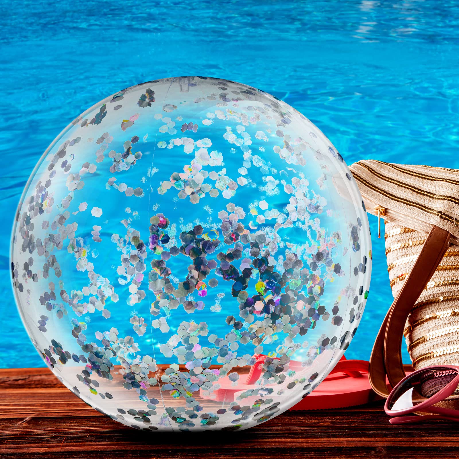 Civaner 6 Pcs 24 Inch Silver Inflatable Glitter Beach Balls Clear Floatable