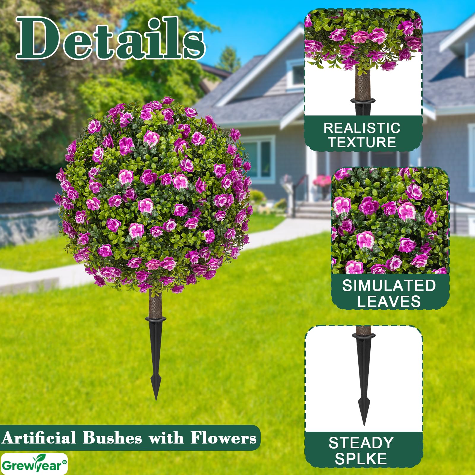 Grewyear Artificial Purple Rose Topiary Ball Trees Set of 2 UV Resistant